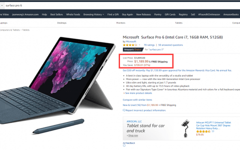 Microsoft Surface Pro 6 （ Intel Core i7、16GB RAM、512GB）今天降价709美元（Amazon）